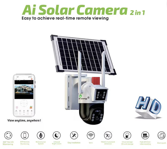 Cámara de seguridad Solar Wifi + Chip 4G 2 en 1 Full HD 4K. No necesita electricidad. 2 lentes 4MP + 4MP. Cámara solar con seguimiento humano AI