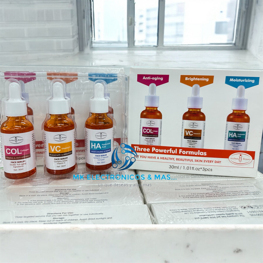 Serum Facial en Set de 3 Formulas. Suero Anti envejecimiento Colageno, Suero Blanqueador Vitamina C y Suero Hidratante Acido Hialuronico Aichun Beauty.
