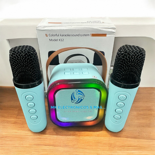 Mini Bocina Bluetooth luces RGB K12 Karaoke con 2 Micrófonos inalámbricos recargables para niños y adultos, para todos los teléfonos inteligentes, cumpleaños, familia, fiesta