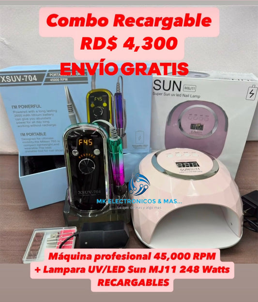 Combo Máquina Profesional Recargable XSUV 45,000 RPM + Lampara UV/LED Sun M&J11 248 Watts