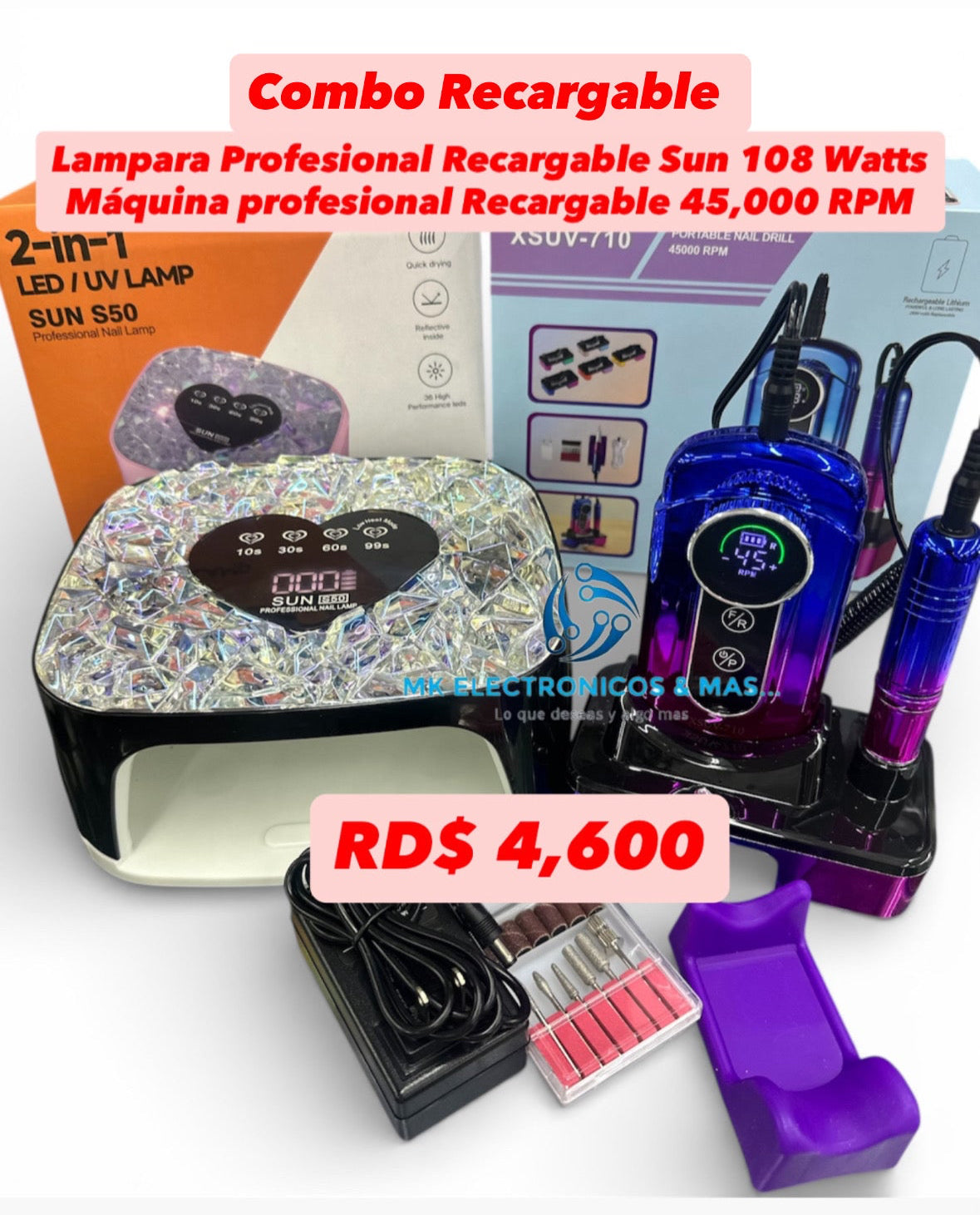 Combo Máquina Profesional Recargable XSUV 710 45,000 RPM + Lampara UV/LED Sun S50 108 Watts