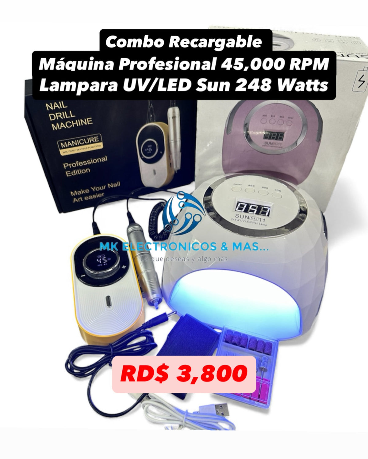 Combo Máquina Profesional Recargable V12 45,000 RPM + Lampara UV/LED Sun MJ11 248 Watts