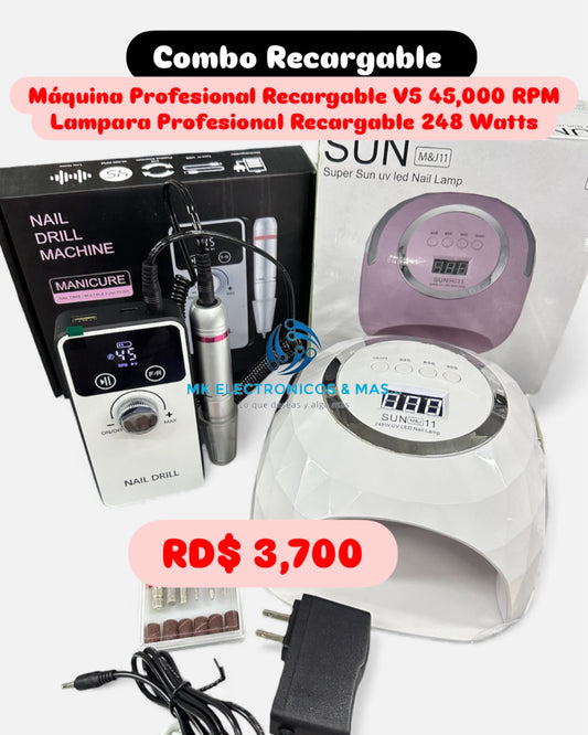 Combo Máquina Profesional Recargable V5 45,000 RPM + Lampara UV/LED Sun MJ11 248 Watts