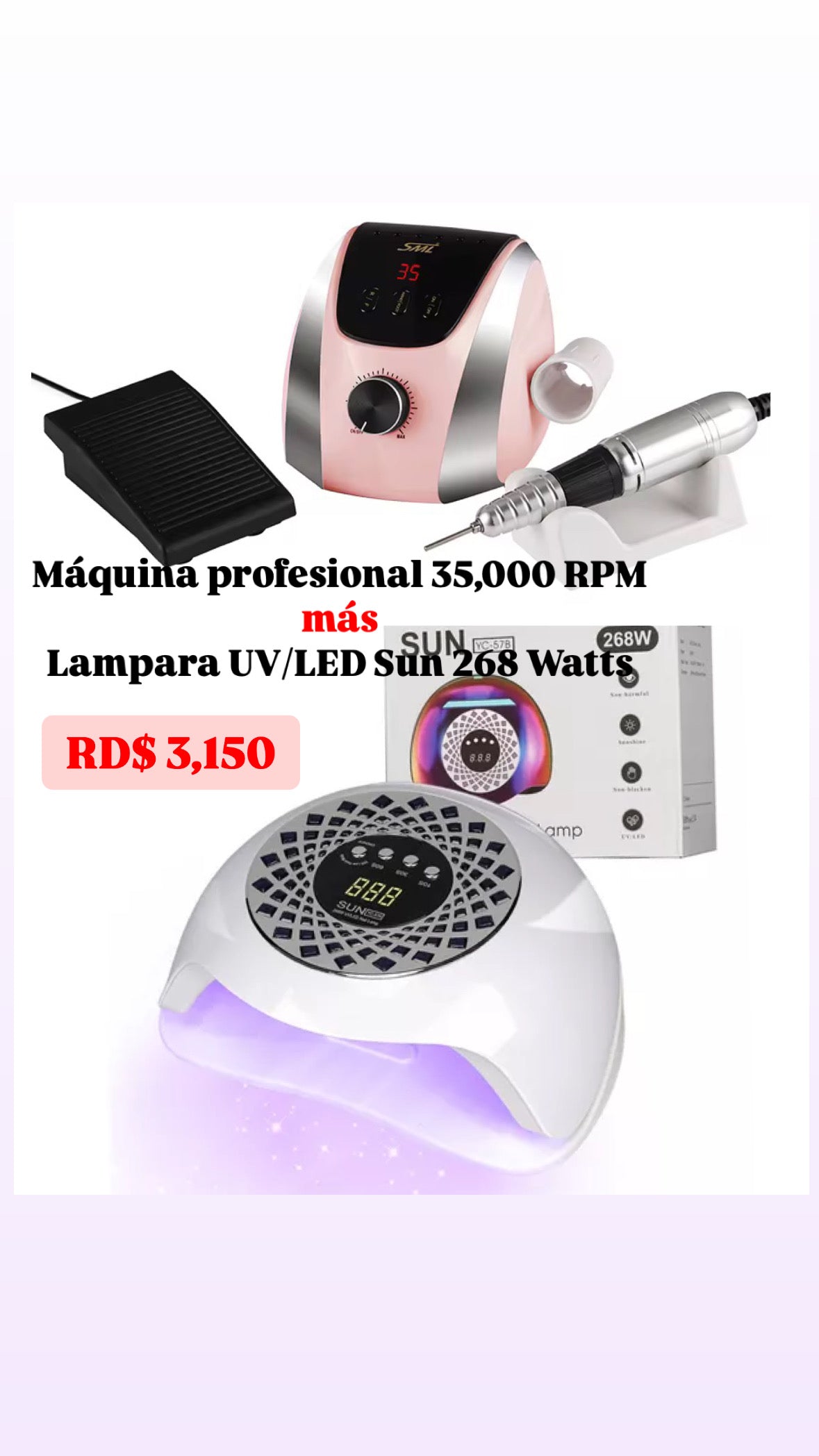 Combo Máquina de uñas profesional 35,000 RPM mas Lampara UV/LED Sun YC57B 268 Watts.