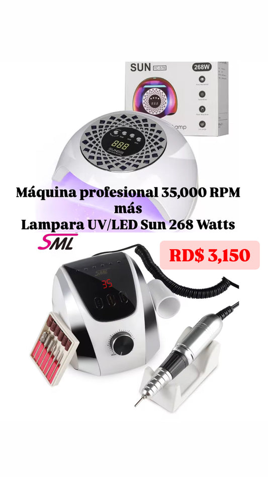 Combo Máquina de uñas profesional 35,000 RPM mas Lampara UV/LED Sun YC57B 268 Watts.