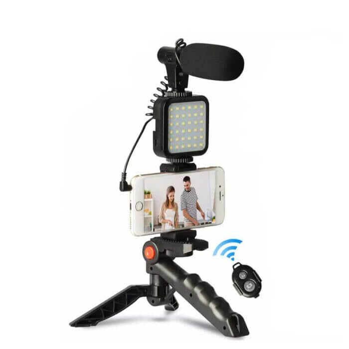 Kit de vlogging para teléfono inteligente con trípode, soporte para teléfono, Mini micrófono, luz de relleno LED y control Bluetooth