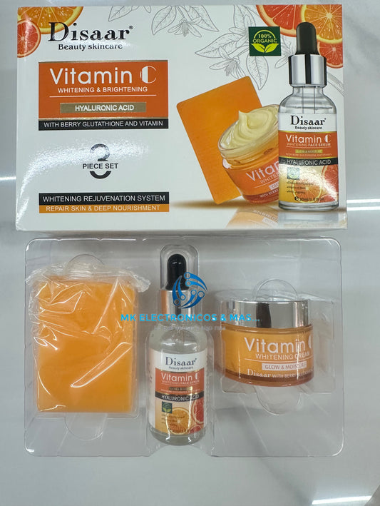 Kit Facial Disaar Vitamina C 3 Piezas | Blanqueamiento e Hidratación con Ácido Hialurónico y Glutatión