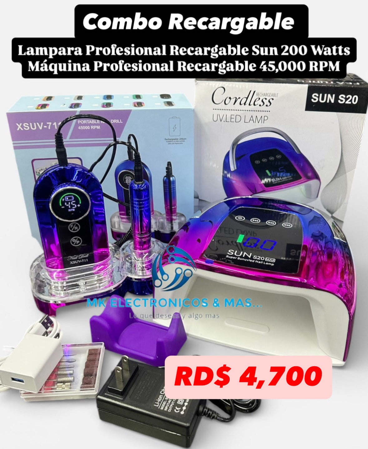 Combo Máquina Profesional Recargable XSUV 711 45,000 RPM + Lampara UV/LED Sun S20 Max 200 Watts