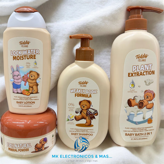 Teddy Island Baby Care | Polvo Mineral Natural, Crema Facial y Baño 2 en 1 Tamaño Regular.