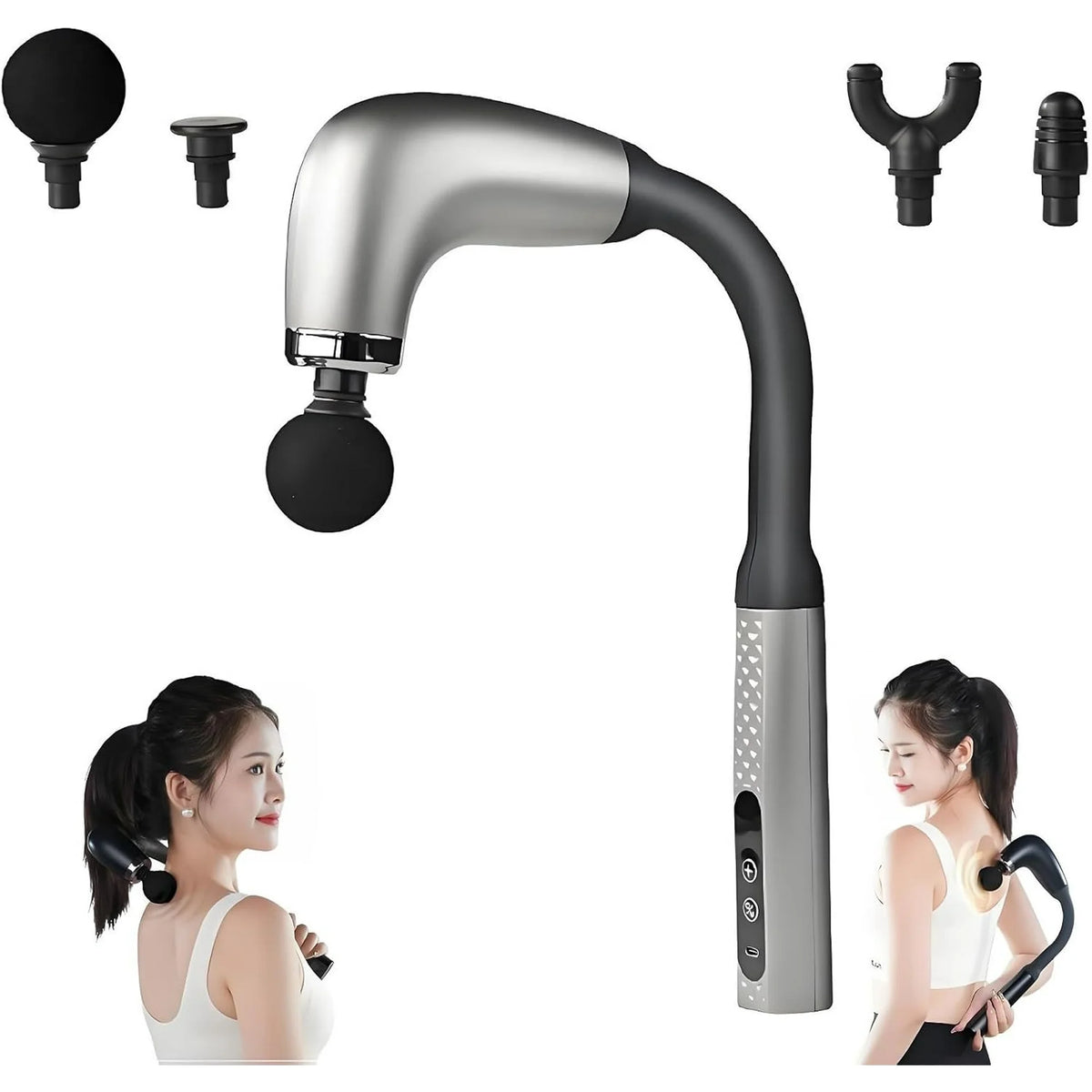 Pistola de Masaje Muscular con Cuello Flexible 360° — 4 Cabezas Intercambiables