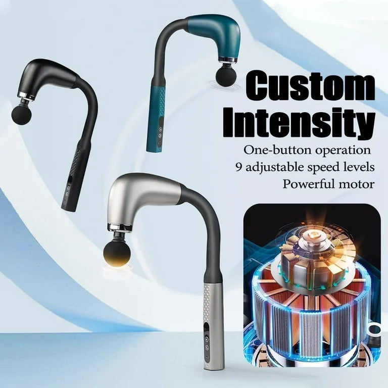 Pistola de Masaje Muscular con Cuello Flexible 360° — 4 Cabezas Intercambiables