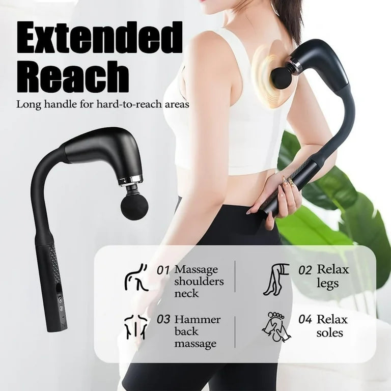 Pistola de Masaje Muscular con Cuello Flexible 360° — 4 Cabezas Intercambiables