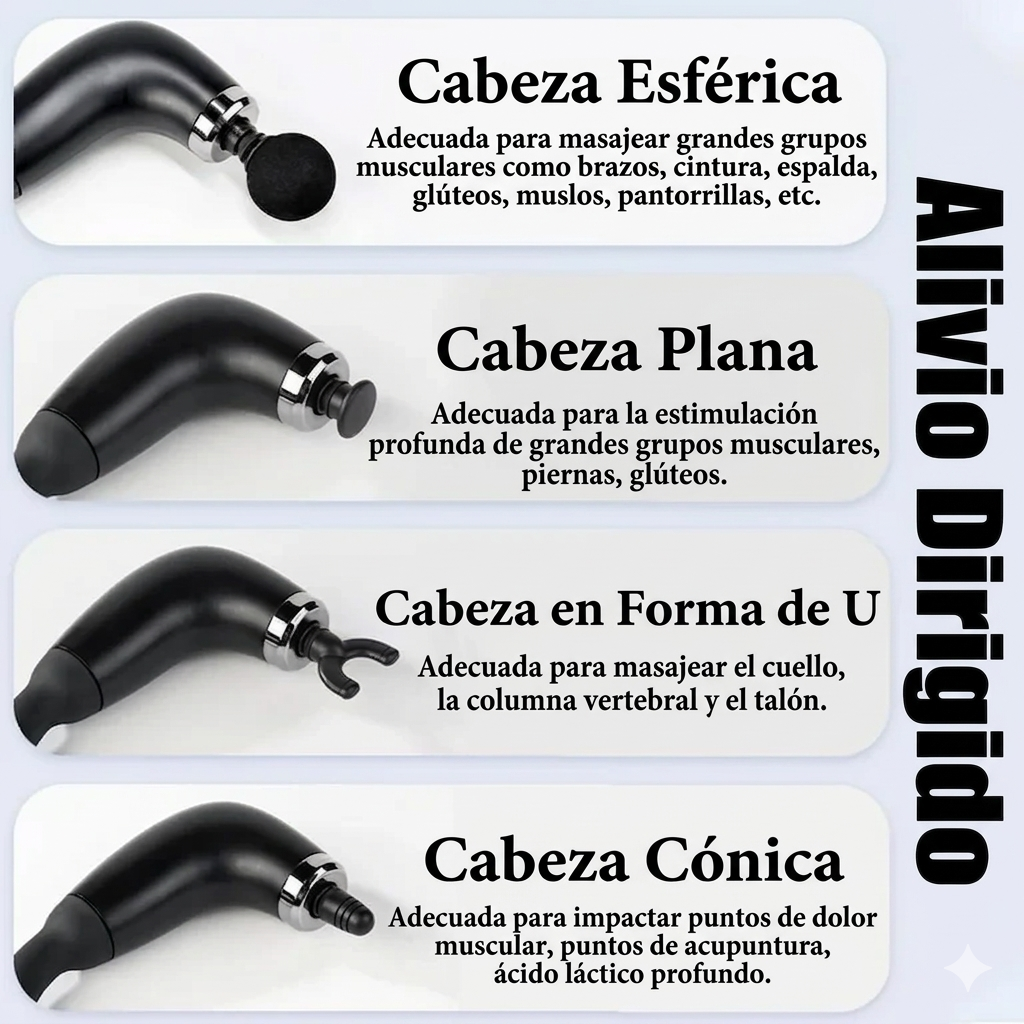 Pistola de Masaje Muscular con Cuello Flexible 360° — 4 Cabezas Intercambiables